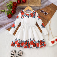 Girls White Floral Printed Long Sleeves Fit & Flare Dress Casual Dresses White 3-4 Y