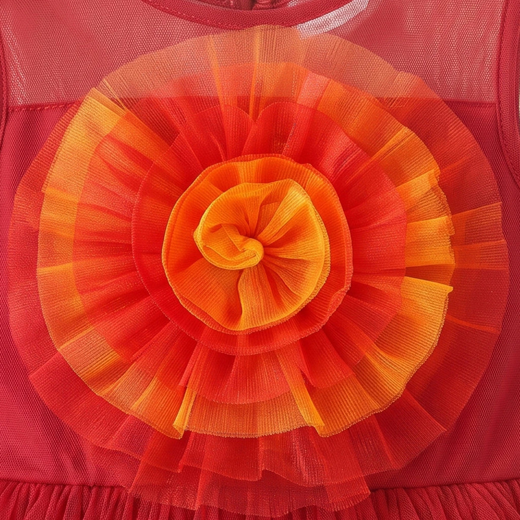 Girls red sleeveless party gown with tulle skirt and applique