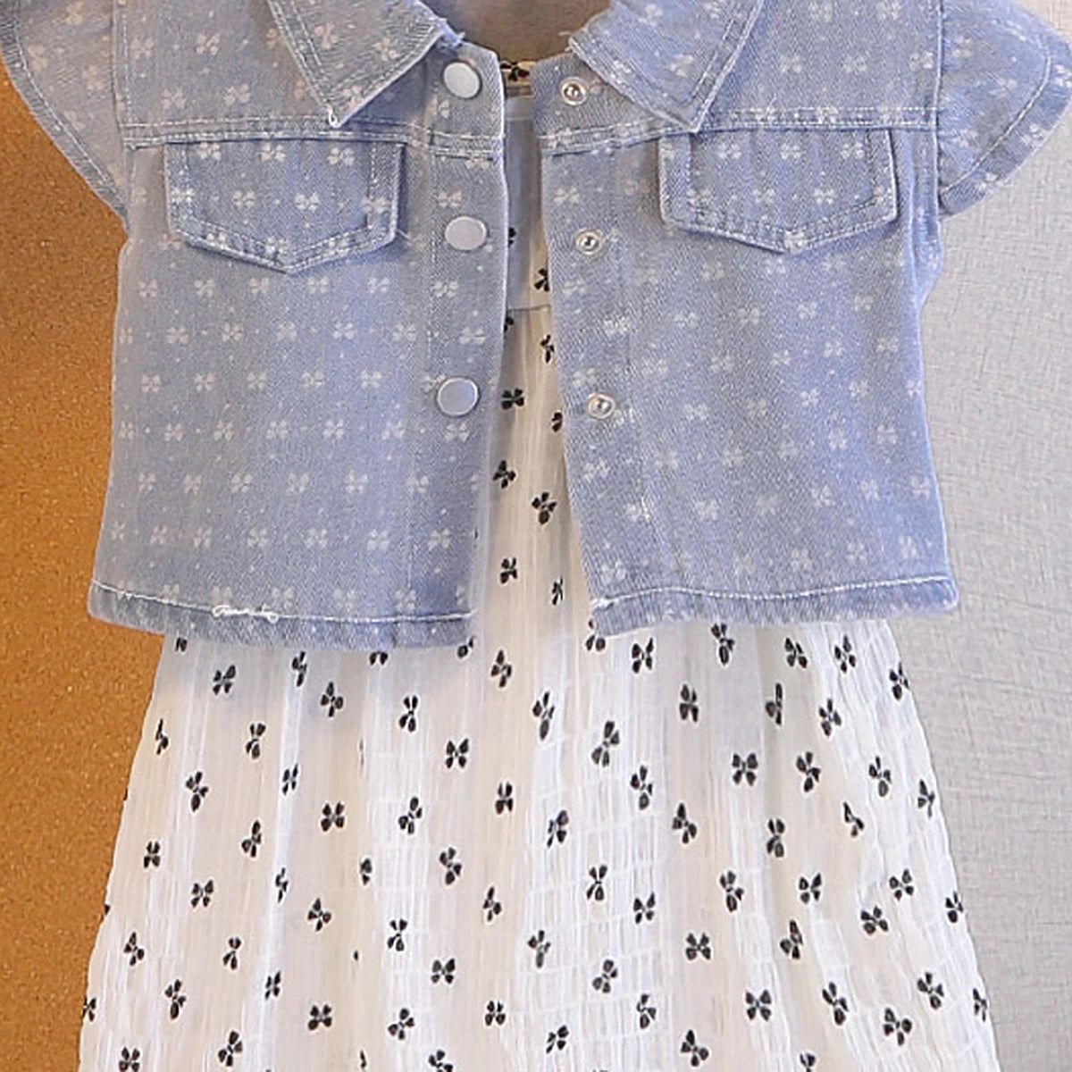 Girls White Bow Printed A-Line Dress With Denim Jacket Casual Dresses