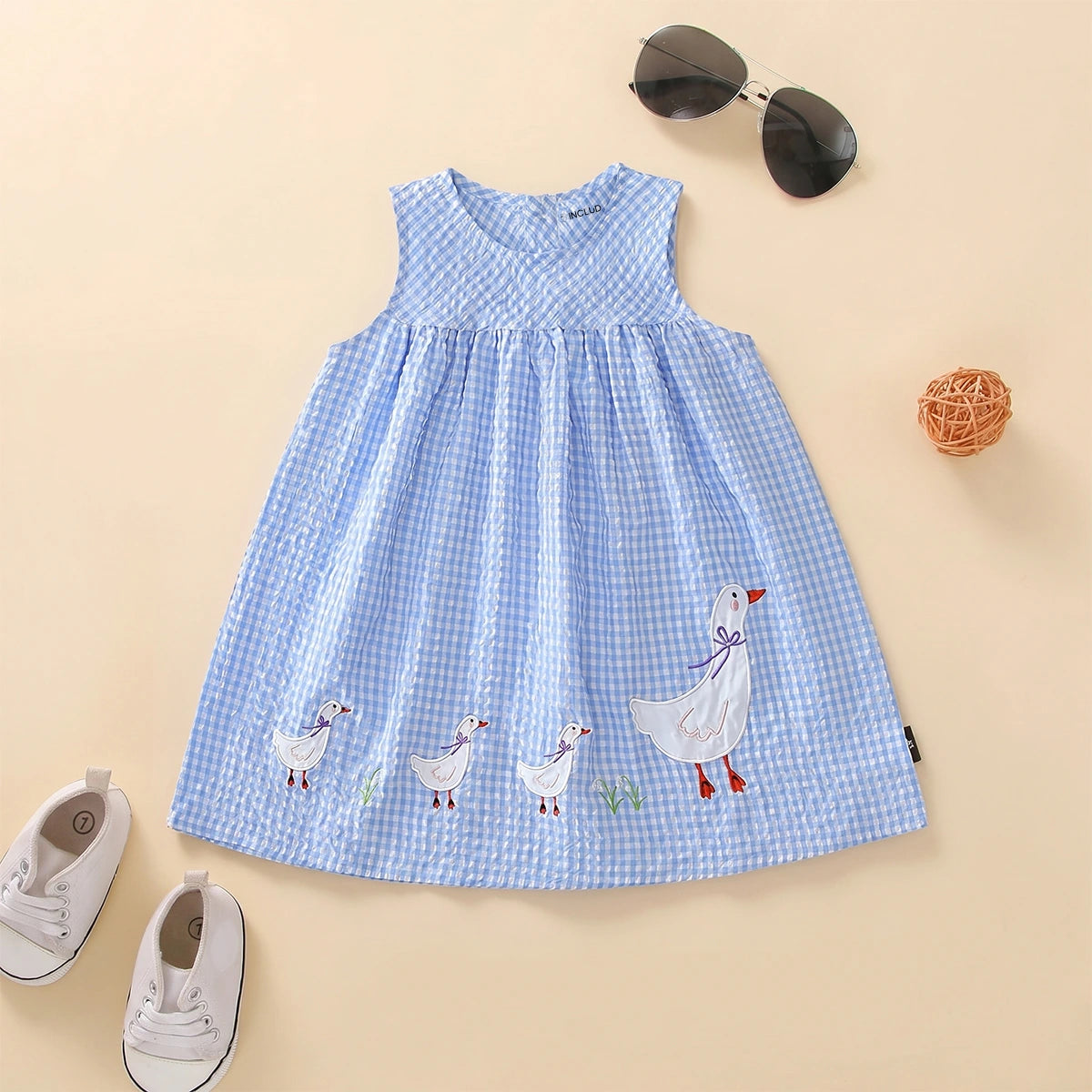 Girls Blue Gingham Checked Sleeveless Fit & Flare Dress With Duck Applique Casual Dresses Blue 2-3 Y