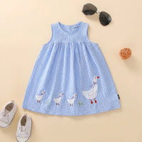 Girls Blue Gingham Checked Sleeveless Fit & Flare Dress With Duck Applique Casual Dresses Blue 2-3 Y