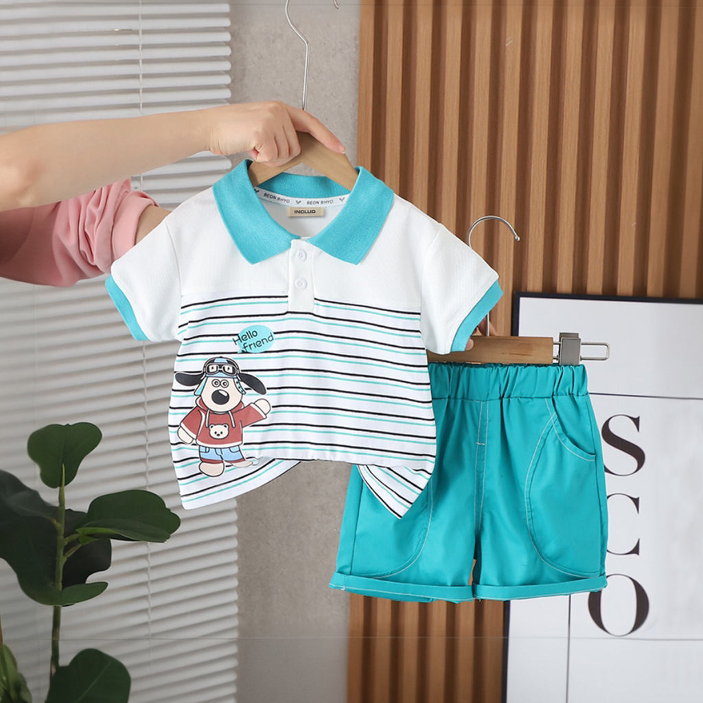 Boys Teal Striped Polo T-Shirt with Shorts Set Sets