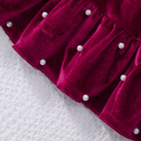Girls Maroon Solid Velvet Beaded Fit & Flare Dress Casual Dresses