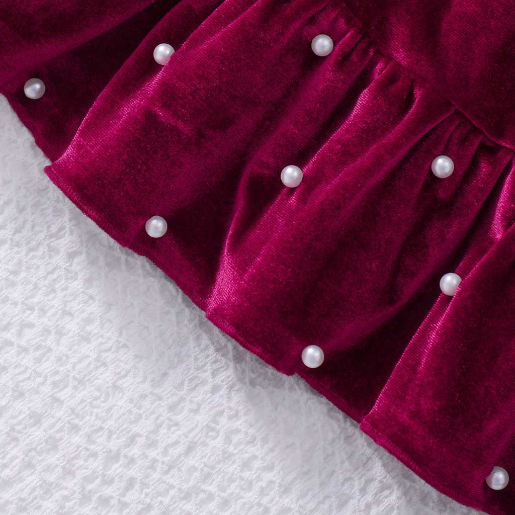 Girls Maroon Solid Velvet Beaded Fit & Flare Dress Casual Dresses
