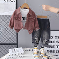 Boys Brown Solid Denim Jacket With Printed T-Shirt & Denim Pants Set Sets Brown 1-2 Y
