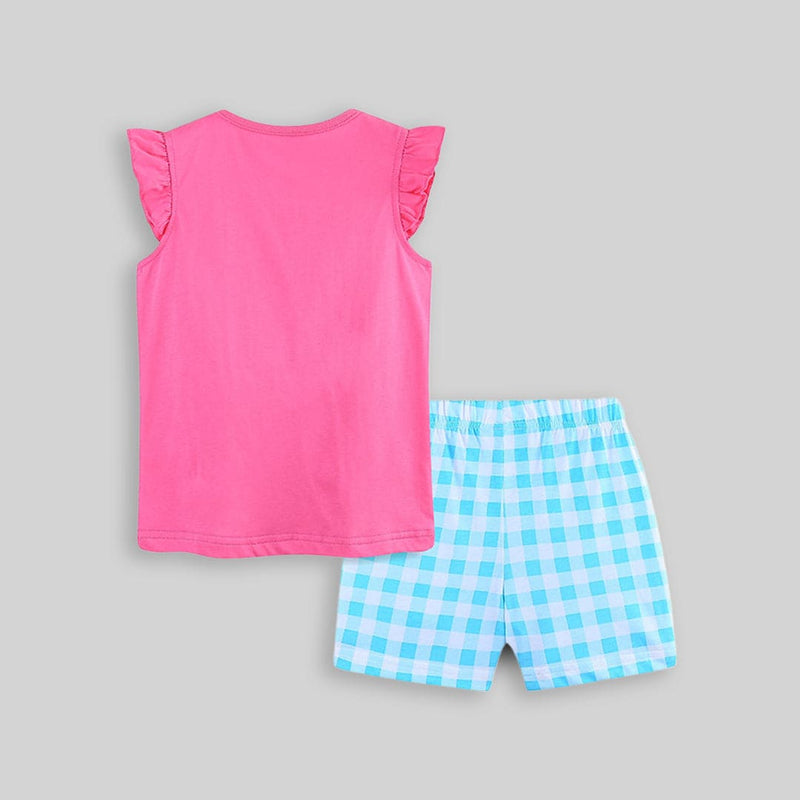 Girls Owl Patchwork Top with Checkered Shorts Set Sets   