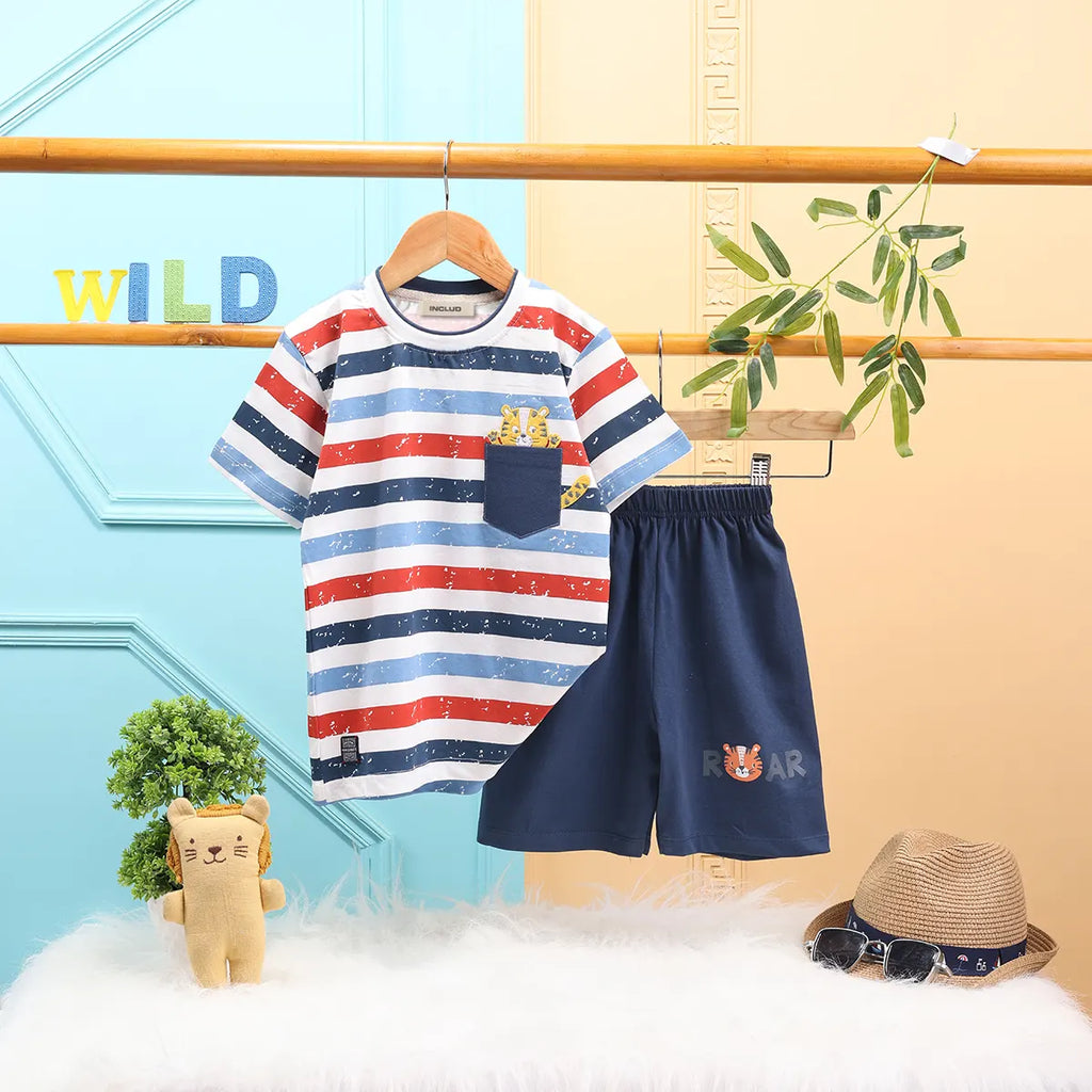 Boys Navy Blue Stripes And Lion Embroidered T-Shirt With Short Sets 2 pc. Sets Navy Blue 3-4 Y