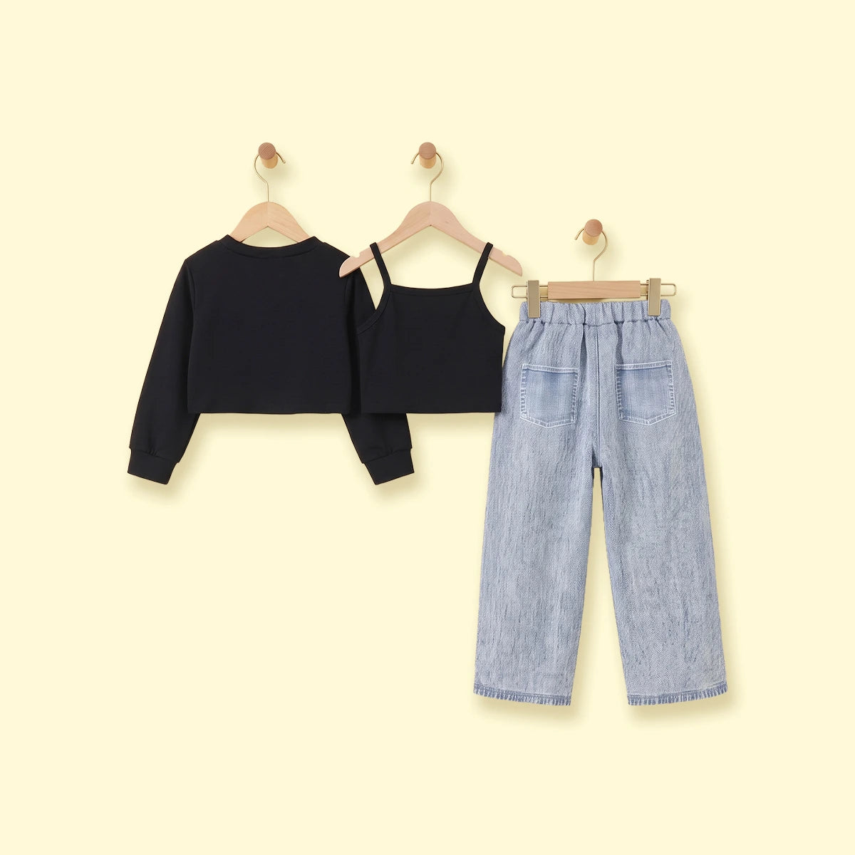 Girls Black Long Sleeve Crop Top With Cami Top And Denim Pants Sets 3 pc. Sets
