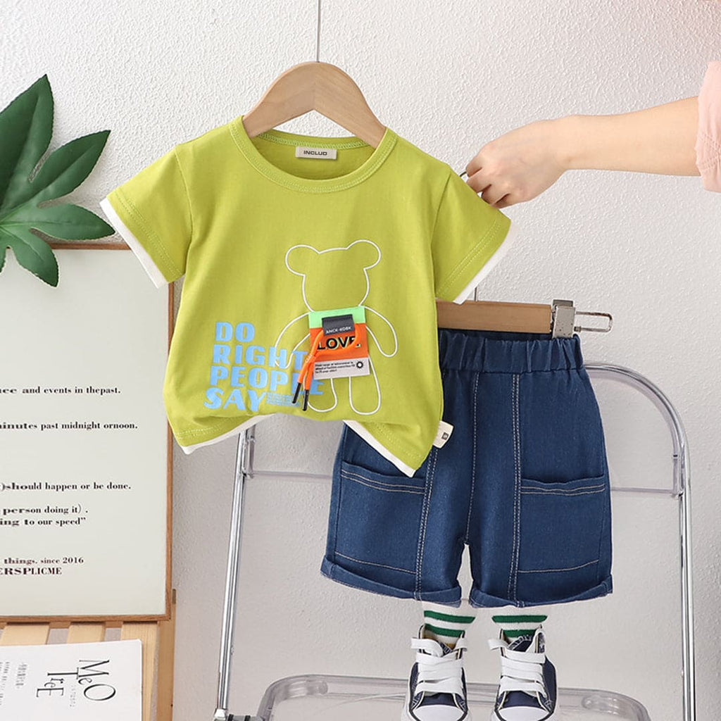 Boys Bear Print Short Sleeve Graphic T-Shirt With Denim Shorts 2 pc. Sets Green 1-2 Y 