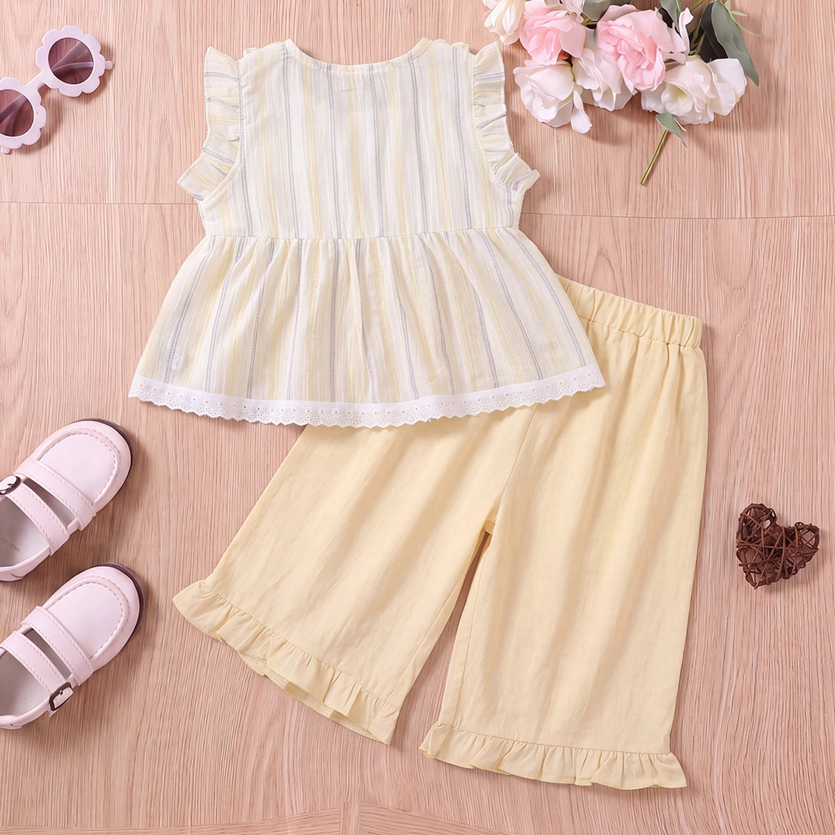Girls Light Yellow Striped Ruffle Top With Capri Sets 2 pc. Sets