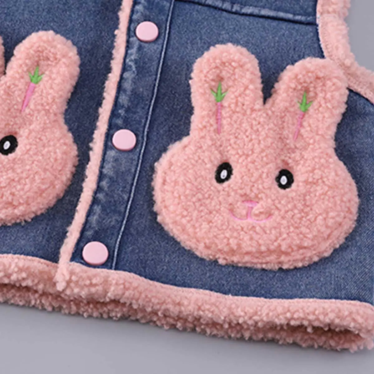 Girls Trendy Sleeveless Denim Jacket with Pink Fleece Lining & Bunny Applique Coats & Jackets