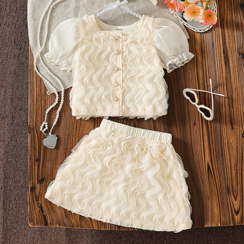 Girls Apricot Wave Mesh Ruffles Top & Skirts Co-ord Sets Sets Apricot 3-4 Y