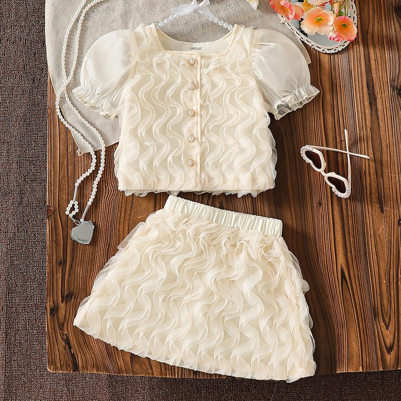 Girls Apricot Wave Mesh Ruffles Top & Skirts Co-ord Sets Sets Apricot 3-4 Y