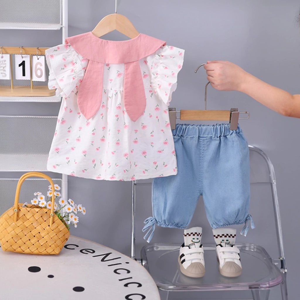 Girls Pink Floral Print Bunny Applique Top With Denim Shorts Set Sets