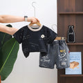 Boys Black Typographic Print T-Shirt With Distressed Denim Shorts Set Sets Black 1-2 Y