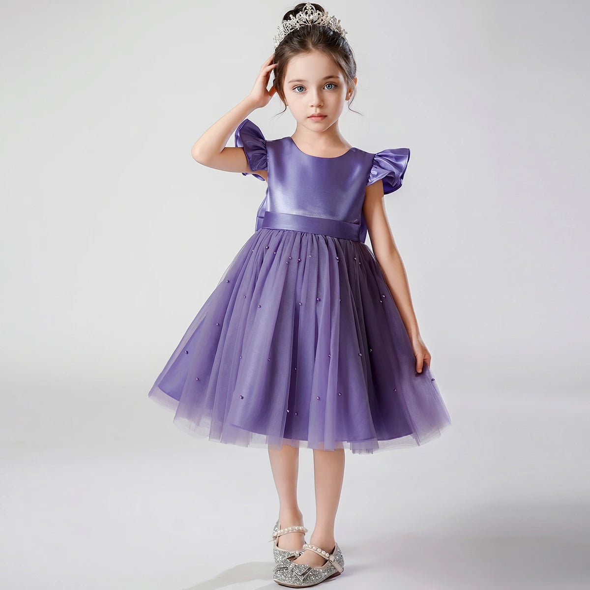 Girls Purple Pearl-Embellished Flutter Sleeve Fit & Flare Dress Casual Dresses Purple 2-3 Y