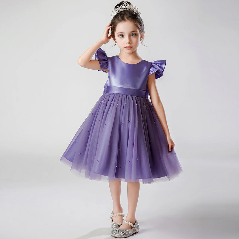 Girls Purple Pearl-Embellished Flutter Sleeve Fit & Flare Dress Casual Dresses Purple 2-3 Y