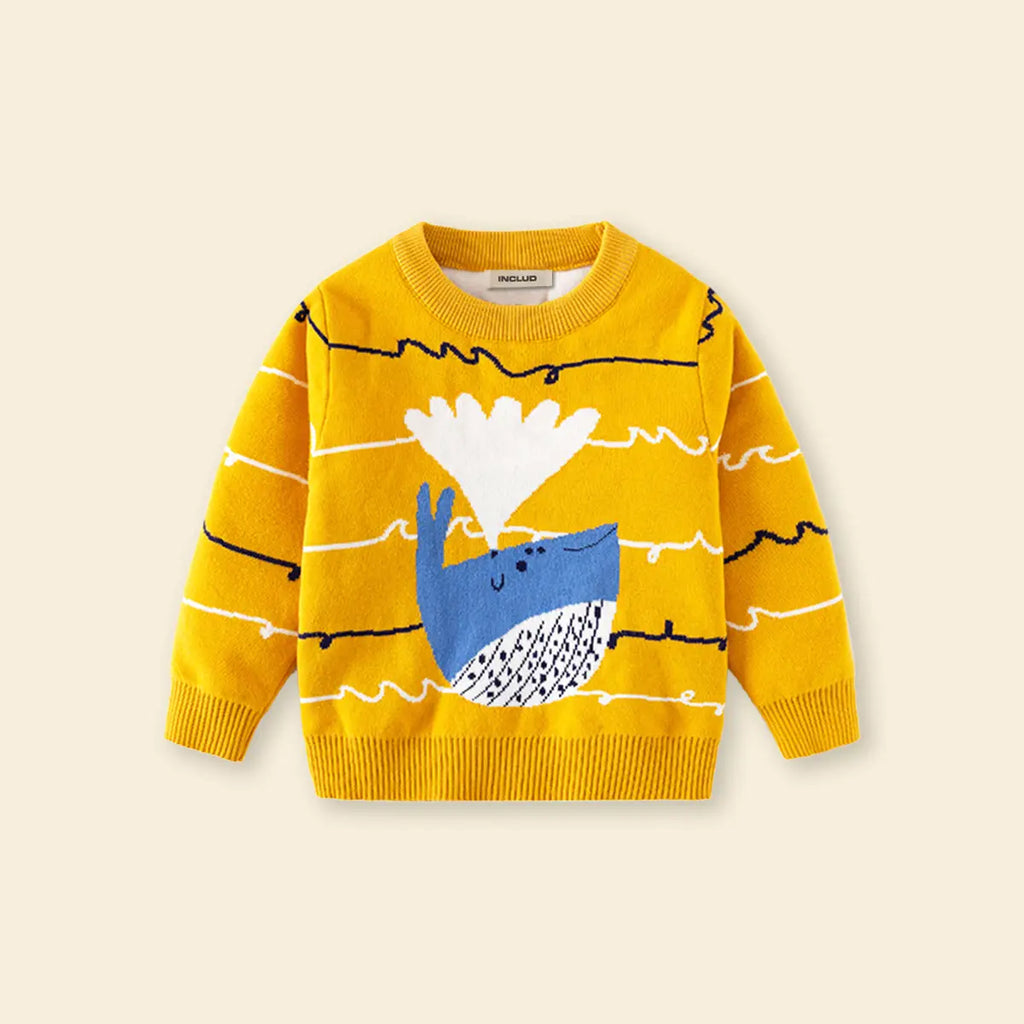 Boys Yellow Self-Design Whale Cartoon Pattern Knitted Sweater Sweaters & Cardigans
