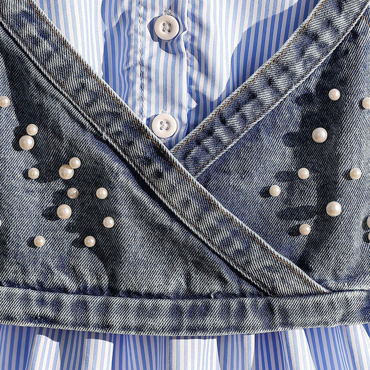 Girls Blue Pinstripe Long Sleeve Shirt Dress With Denim Vest Casual Dresses