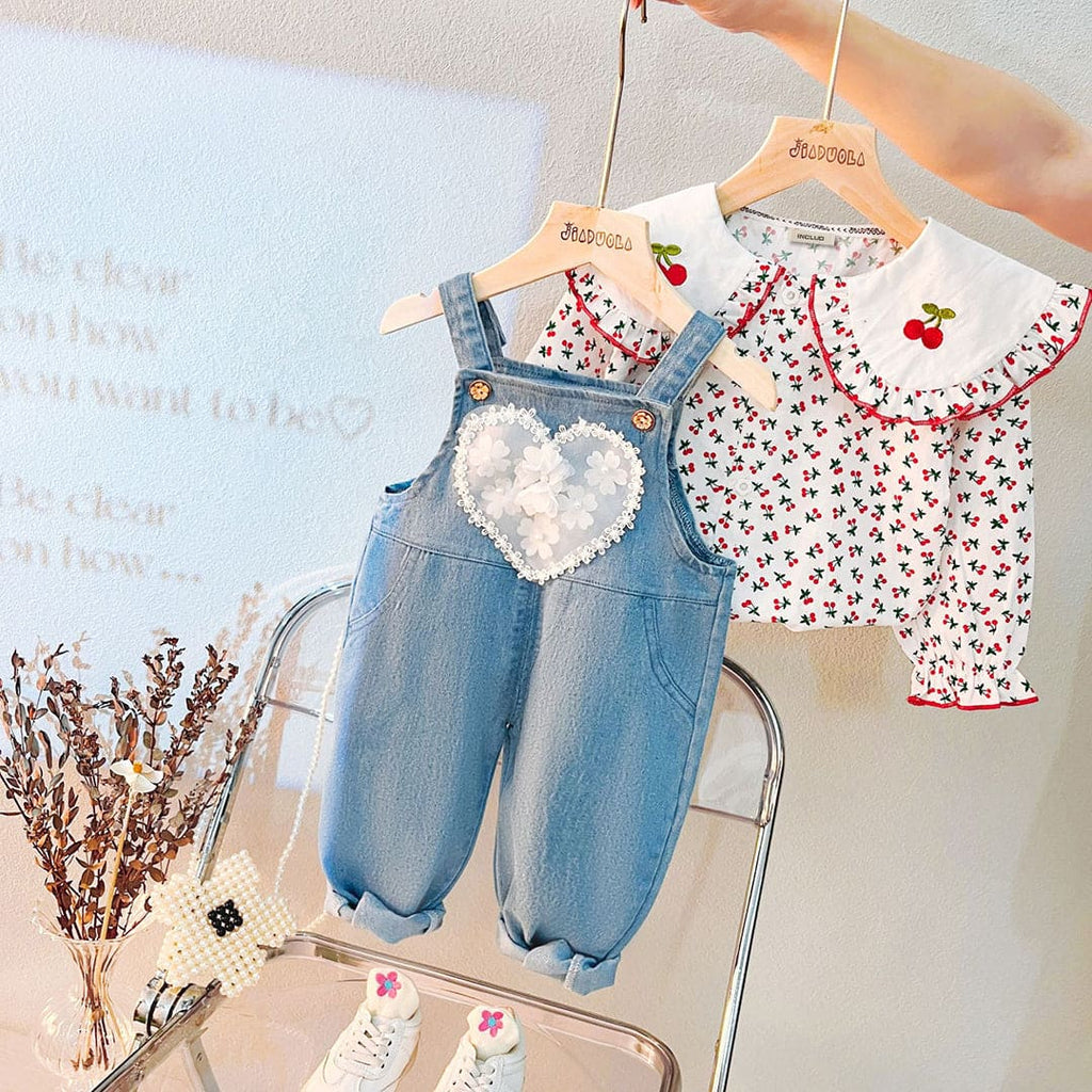 Girls Red Long Sleeve Floral Print Top With Denim Dungaree Sets Red 1-2 Y 