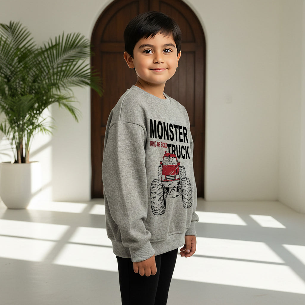 Boys Grey Monster Truck Graphics Round Neck Sweatshirt Sweatshirts & Hoodies