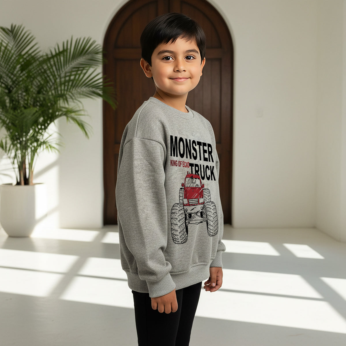 Boys Grey Monster Truck Graphics Round Neck Sweatshirt Sweatshirts & Hoodies