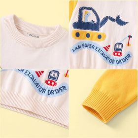 Boys Multicolor Sweater With Self-Design Excavator Theme Sweaters & Cardigans