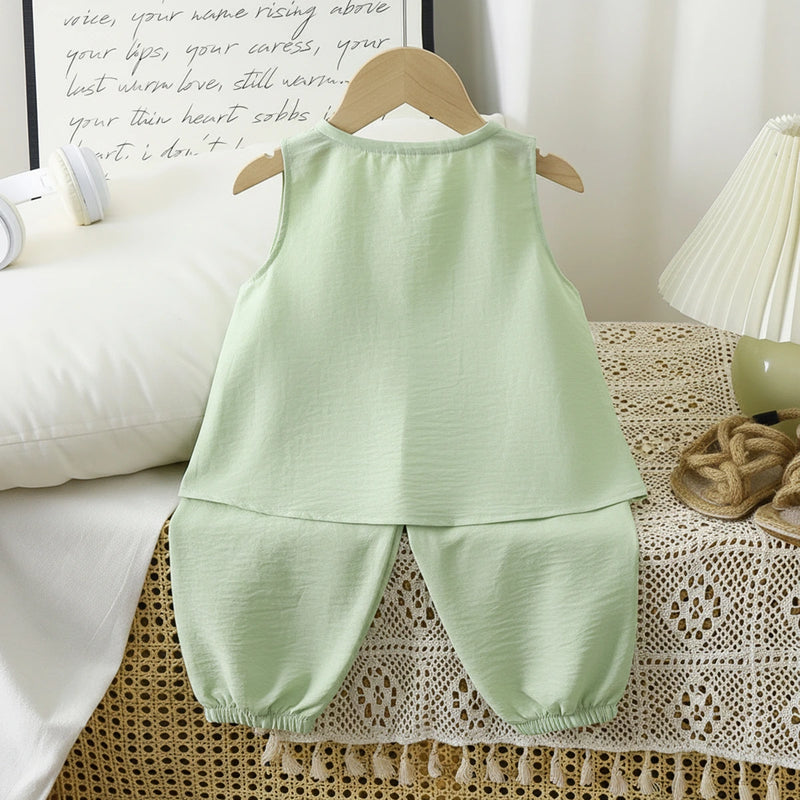 Girls Light Green Bow Applique Sleeveless Top With Elasticated Pants Sets 2 pc. Sets