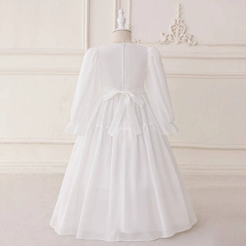 Girls White Puff Sleeves Maxi Dress With Floral Golden Embroidery Casual Dresses