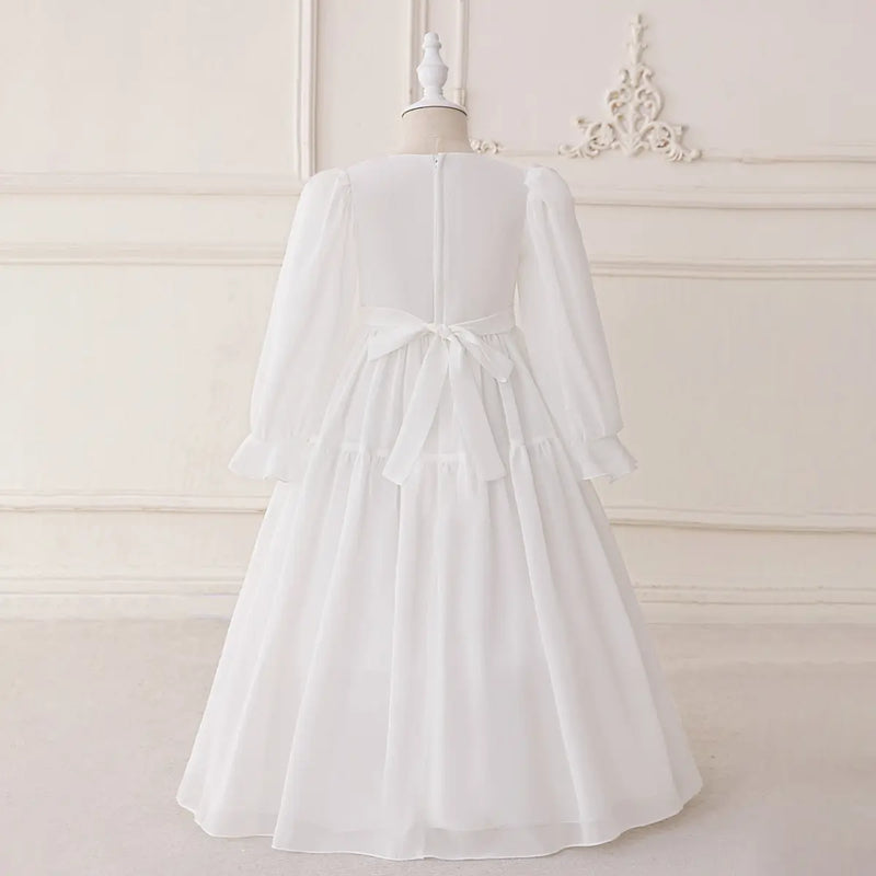 Girls White Puff Sleeves Maxi Dress With Floral Golden Embroidery Casual Dresses