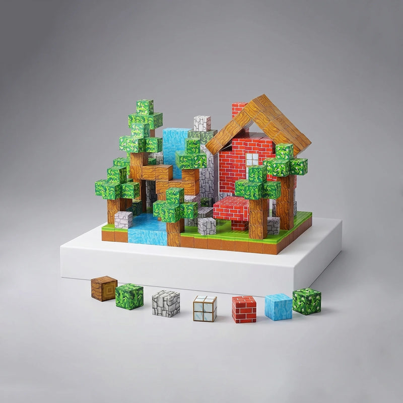 Multicolor pixel magnetic building blocks in a 48-piece set with storage bag
