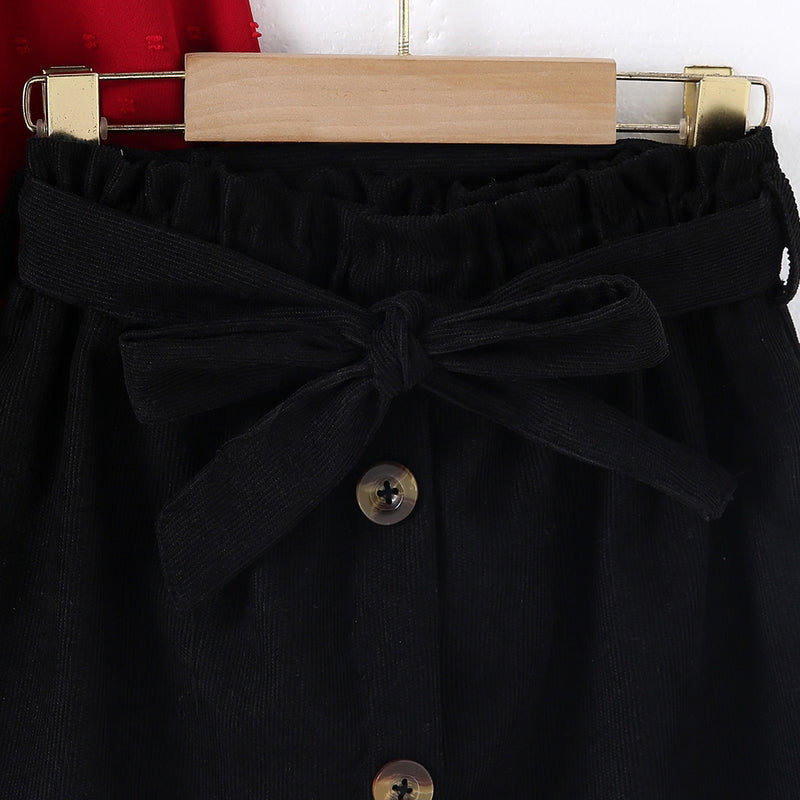 Girls Red Long Sleeve Ruffle Neck Summer Top With Skirts Sets 2 pc. Sets