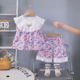 Girls Purple Floral Printed Eyelet Lace Collar Top & Shorts Co-ord Sets Sets Purple 1-2 Y
