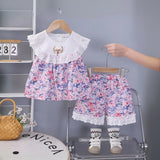Girls Purple Floral Printed Eyelet Lace Collar Top & Shorts Co-ord Sets