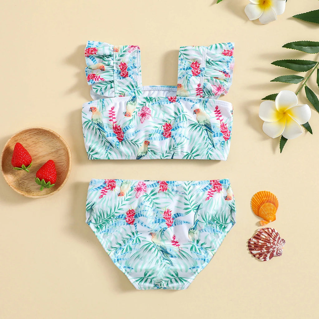Girls Light Green Parrot Printed Sleeveless Top With Briefs Swimwear Sets Sets