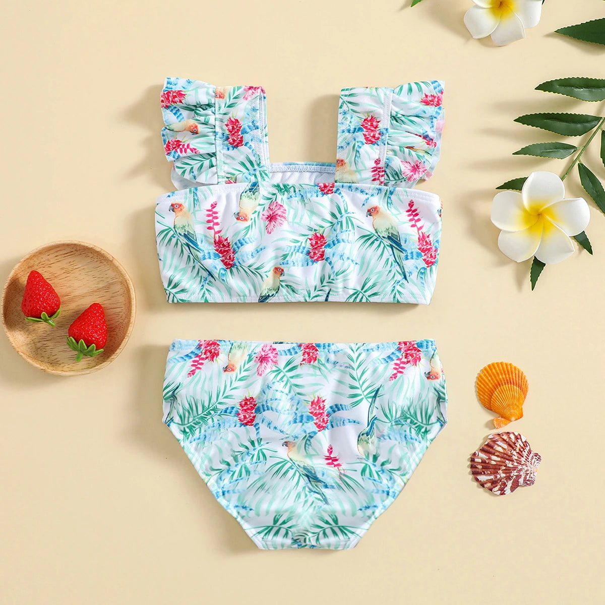 Girls Light Green Parrot Printed Sleeveless Top With Briefs Swimwear Sets Sets