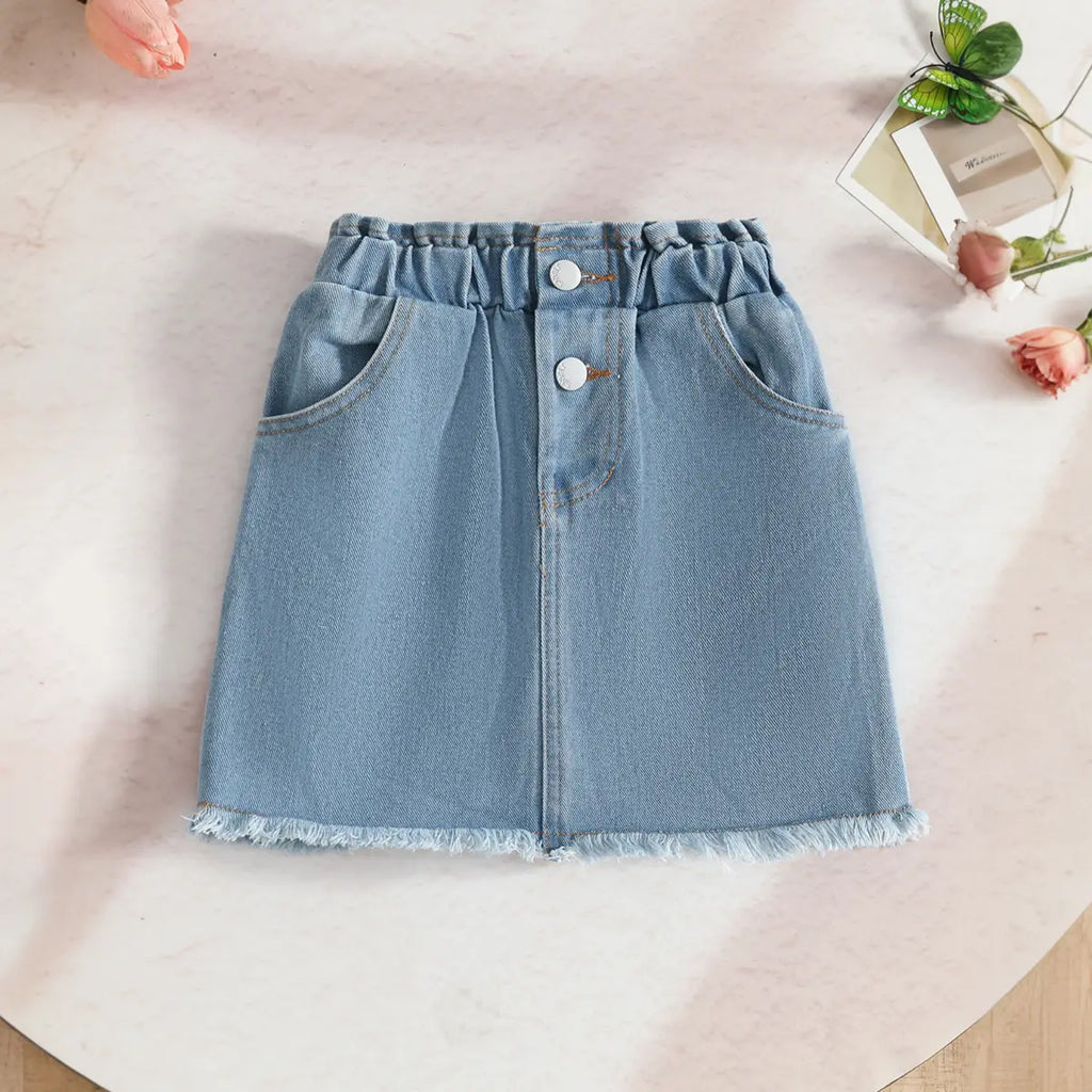 Girls Grey Butterfly Applique T-Shirt With Denim Skirt Sets Sets