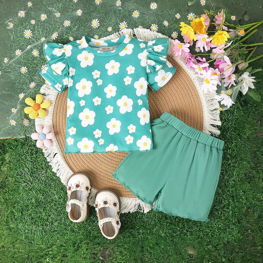 Girls Short Sleeve Flower Printed T-Shirt With Shorts Set 2 pc. Sets Green 1-2 Y 