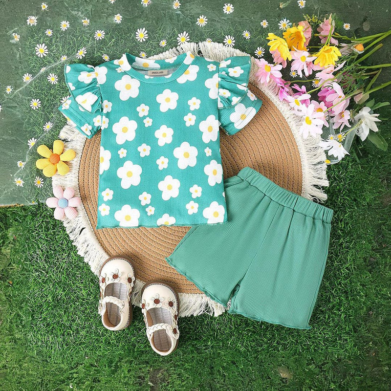 Girls Short Sleeve Flower Printed T-Shirt With Shorts Set 2 pc. Sets Green 1-2 Y 