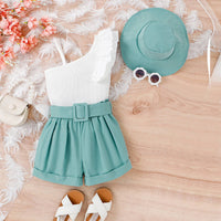 Girls White One-Shoulder Sleeveless Top With Shorts Sets 2 pc. Sets White 3-4 Y
