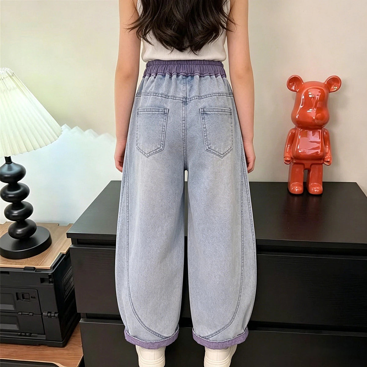 Girls Light Blue Relaxed Fit Denim Jeans with Drawstring Pants