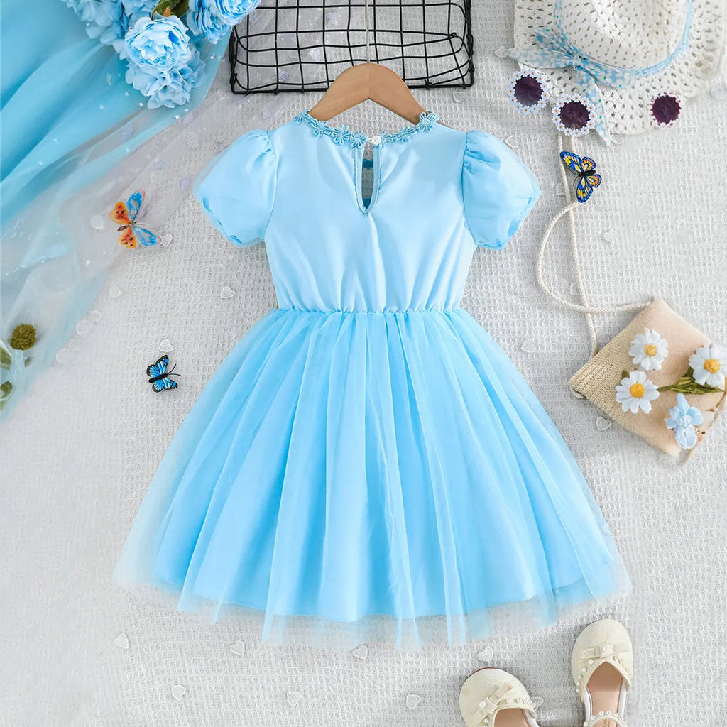 Girls Light Blue Tulle Overlay Fit & Flare Dress With Puff Sleeves Casual Dresses