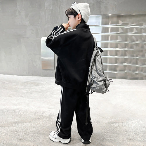Boys Black Alphanumeric Printed Oversized Zip-up Jacket With Pants Sets Sets