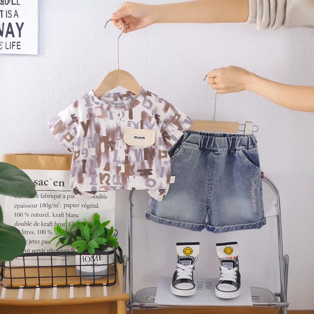 Boys Brown Typographic Print Short Sleeves T-Shirt With Denim Shorts Set Sets Brown 1-2 Y