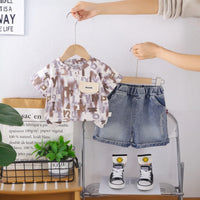 Boys Brown Typographic Print Short Sleeves T-Shirt With Denim Shorts Set Sets Brown 1-2 Y