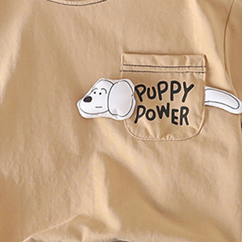 Boys Khaki Puppy Applique Short Sleeves T-Shirt With Shorts Set Sets