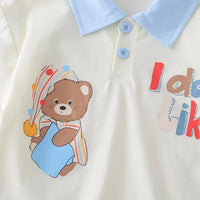 Boys Off White Bear Printed Polo T-Shirt With Denim Shorts Set Sets