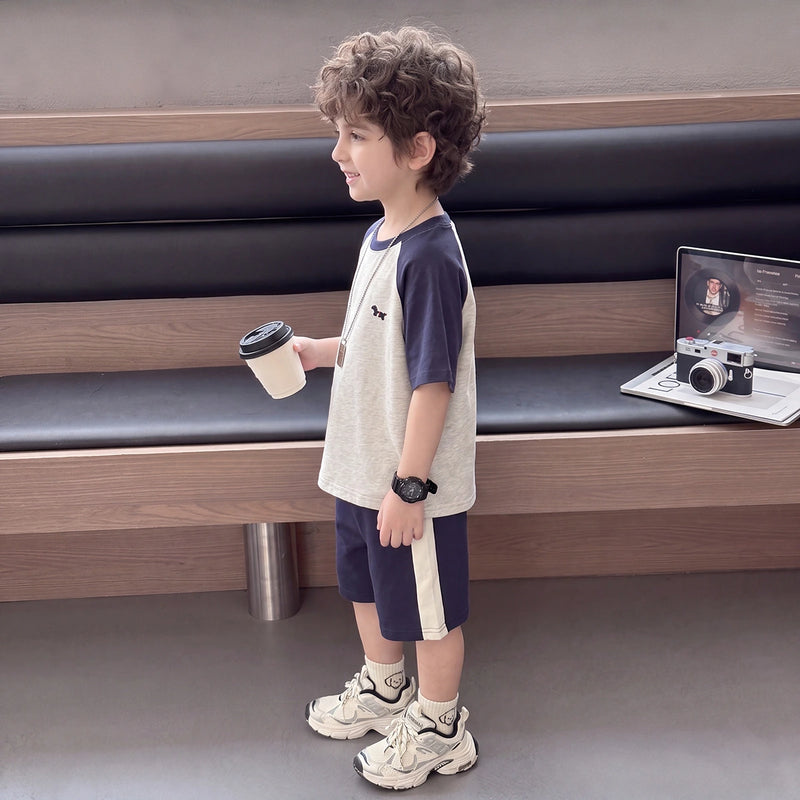 Boys Navy Blue Embroidered Raglan Sleeve T-Shirt With Shorts Sets 2 pc. Sets