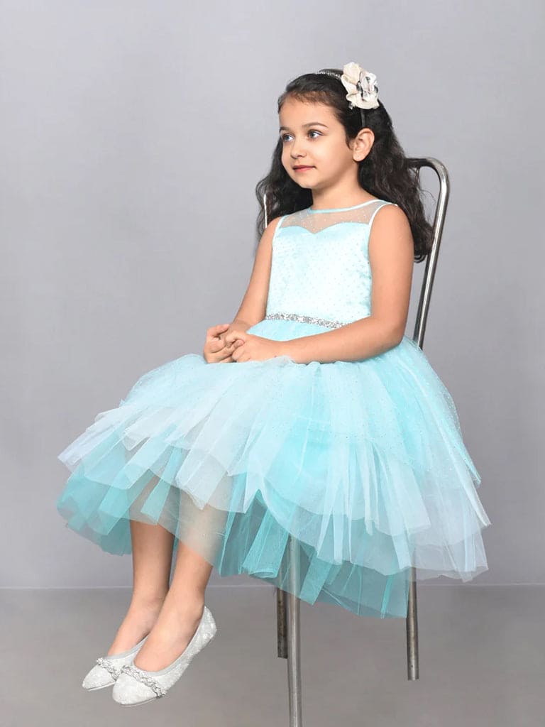 Girls Sateen Embellished Tulle Tiered Party Dress Party Dresses Sky Blue 1-2 Y 