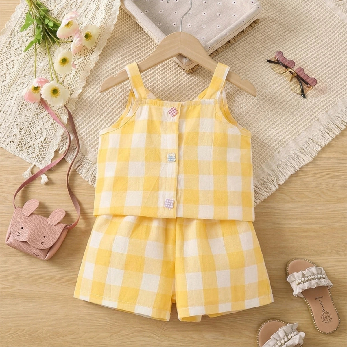 Girls Yellow Checked Button Down Top & Shorts Co-ord Sets Sets Yellow 1-2 Y